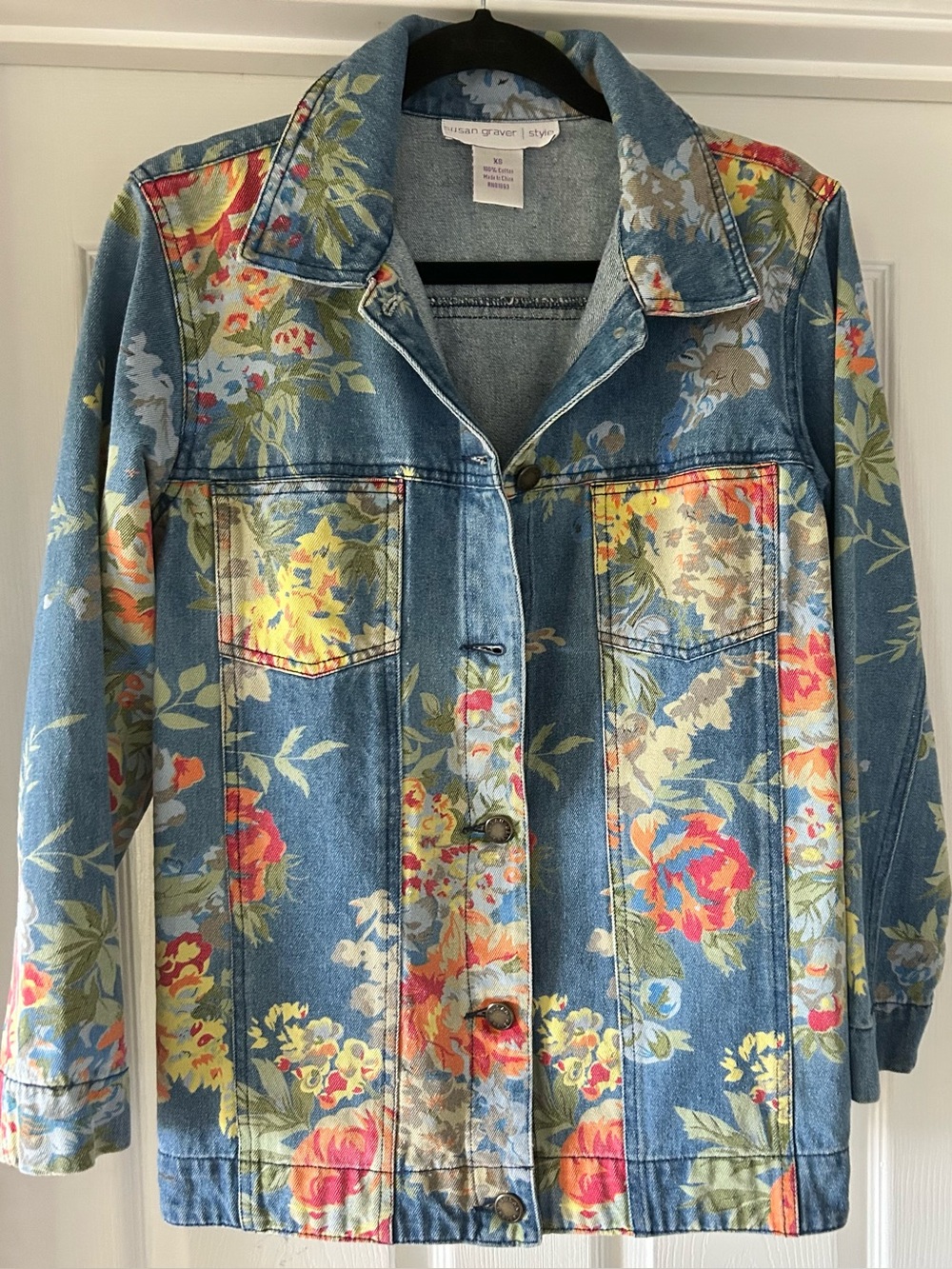 Susan Graver Floral Denim Jacket XS Cottagecore Boho Jean Jacket